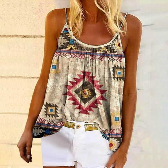 Meichang Camisoles for Women Western Aztec Tank Tops Sleeveless Pleated Scoop Neck Western Geometry Print Shirts Loose Fit Tees Casual Dressy Cami Blouses