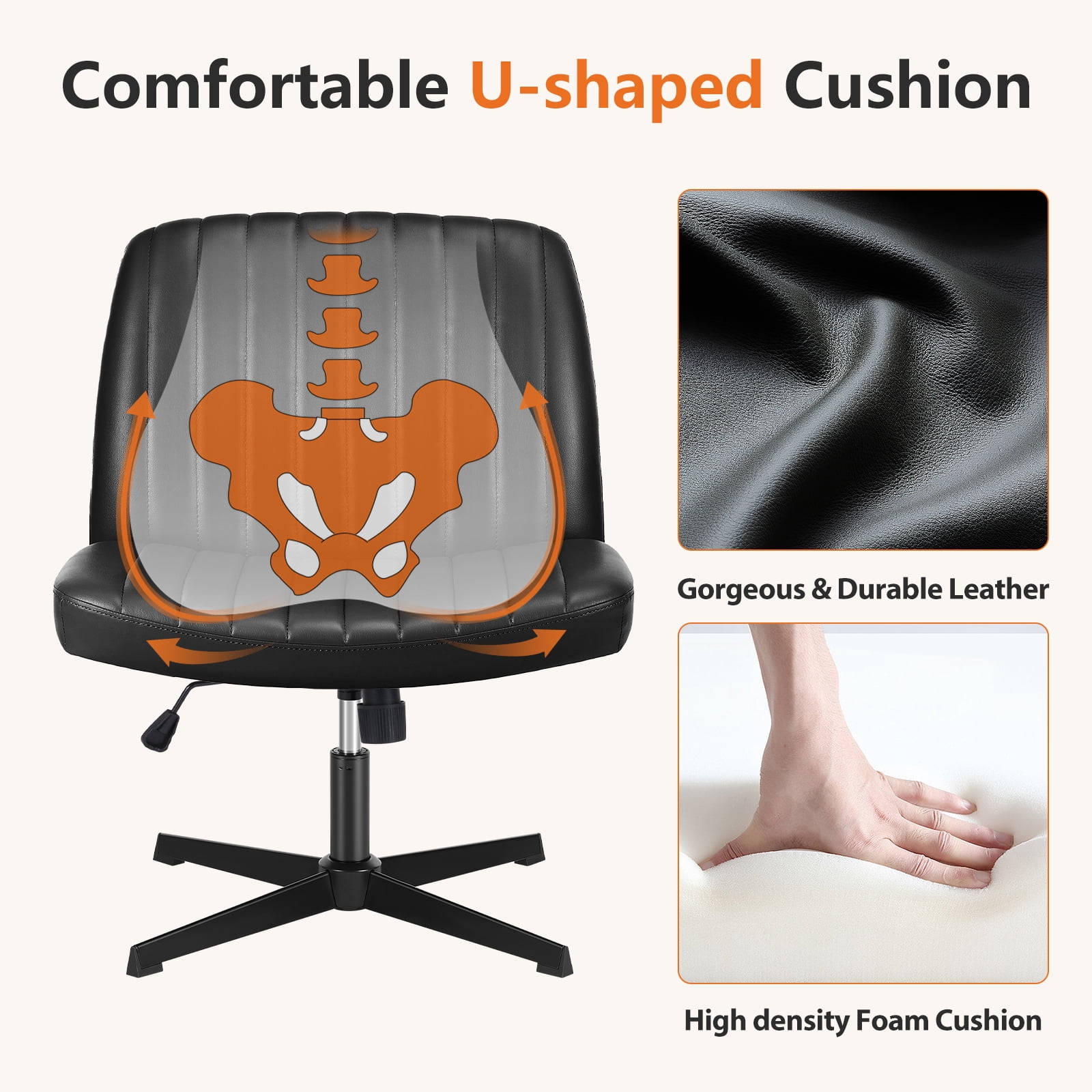 MCQ  Criss Cross Chair Legged Office Wide Comfy Desk Leather Seat, Armless Computer  Seating, Height Adjustable, for Family Bedroom, Black