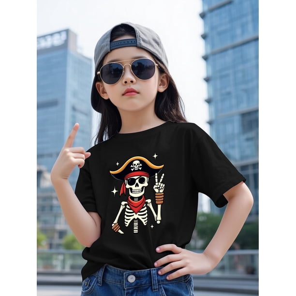 Halloween T-shirt - Girls' Pirate Skull Pattern Short Sleeve T-Shirt - Round Neck Casual Top with Skeleton and Crossbones Design, Soft Breathable Summer Fun & Leisure Wear, Sweet Youthful Outfit