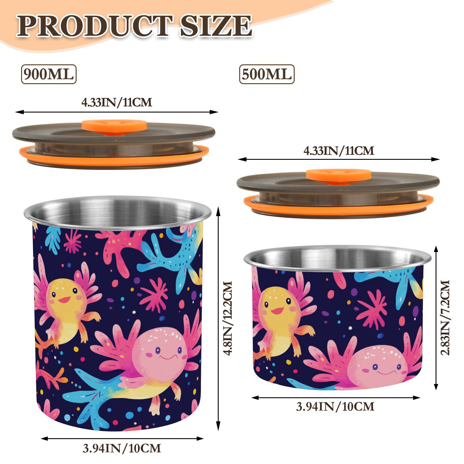 Cute Rainbow Axolotl Airtight Coffee Bean Canister 30oz Food Storage Containers with Lids For Gournd, Tea, Sugar, Flour, Rice, Cereal, Candy Cookie Jar