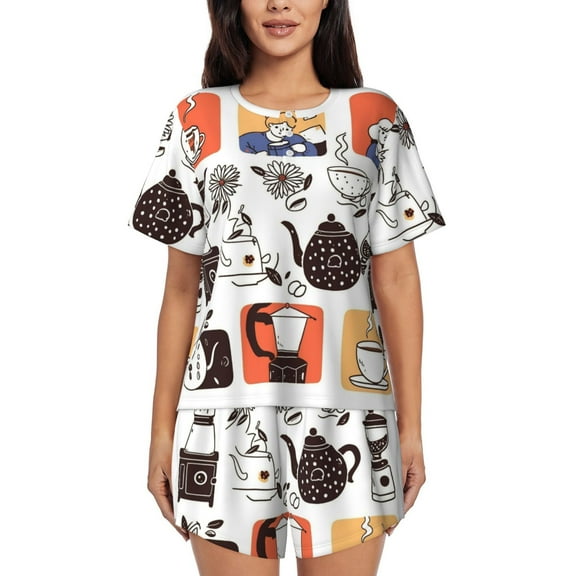 Drip Coffee Maker Pattern Womens Pajamas Short Set Soft Short Sleeve Sleepwear Button Down Pjs Set with Pockets S XXL Large