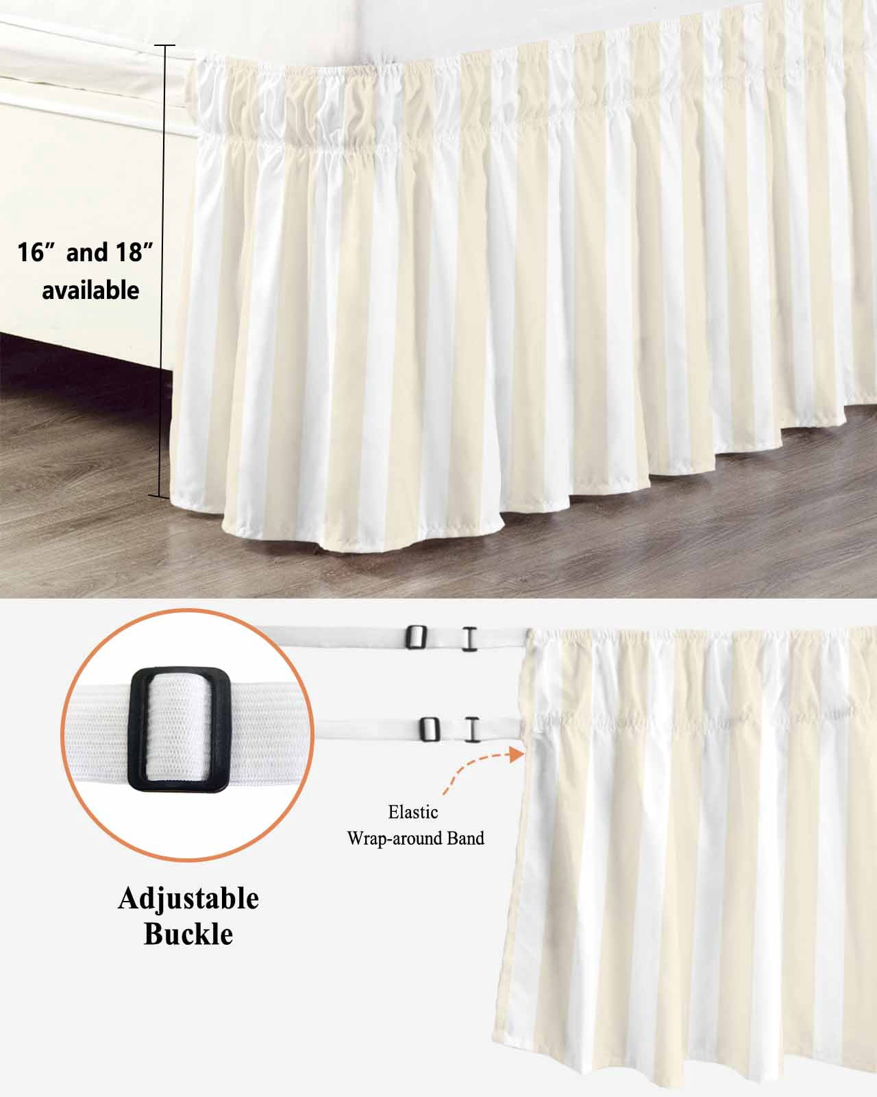 Cream and Bed Skirt Queen Size 16&nbsp;Inch Drop, White Striped Geometric Wrap Around Dust Ruffle Bedskirts, Wrinkle & Fade Resistant Easy Fit Bedskirt with Adjustable Elastic