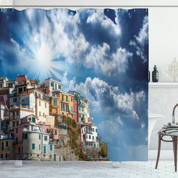 Vernazza Shower Curtain, Cinque Terre Italy Fantastic Sky View with Landmark Houses and Fluffy Cloudy, Fabric Bathroom Set with Hooks, 69W X 70L Inches, Multicolor, by Ambesonne