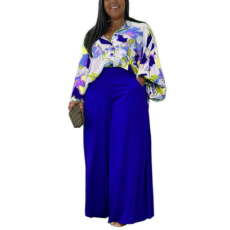 Avamo Women Shirts And Palazzo Pant Wide Leg Lounge Set Plus Size Two Piece  Outfit Oversized Blouse+Trousers Party Blue L 