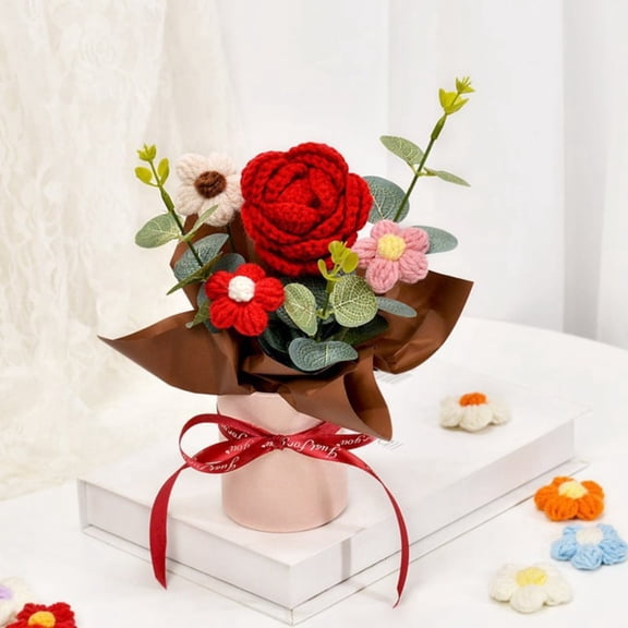 Handmade Knitted Flower Eternal Flower Valentine's Day Gifts Bouquet Crochet Rose Desk Decoration Teacher’ Day Gifts