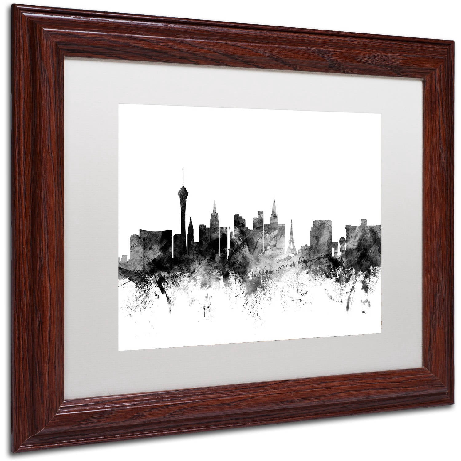 Trademark Fine Art "Las Vegas Nevada Skyline B&W" Canvas Art by Michael Tompsett, White Matte, Wood Frame