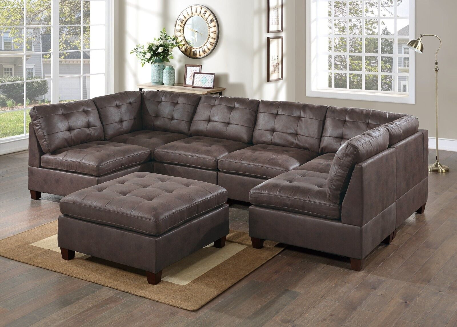 Classic Leatherette Tufted USectional 7pcs Set Dark Brown Modular