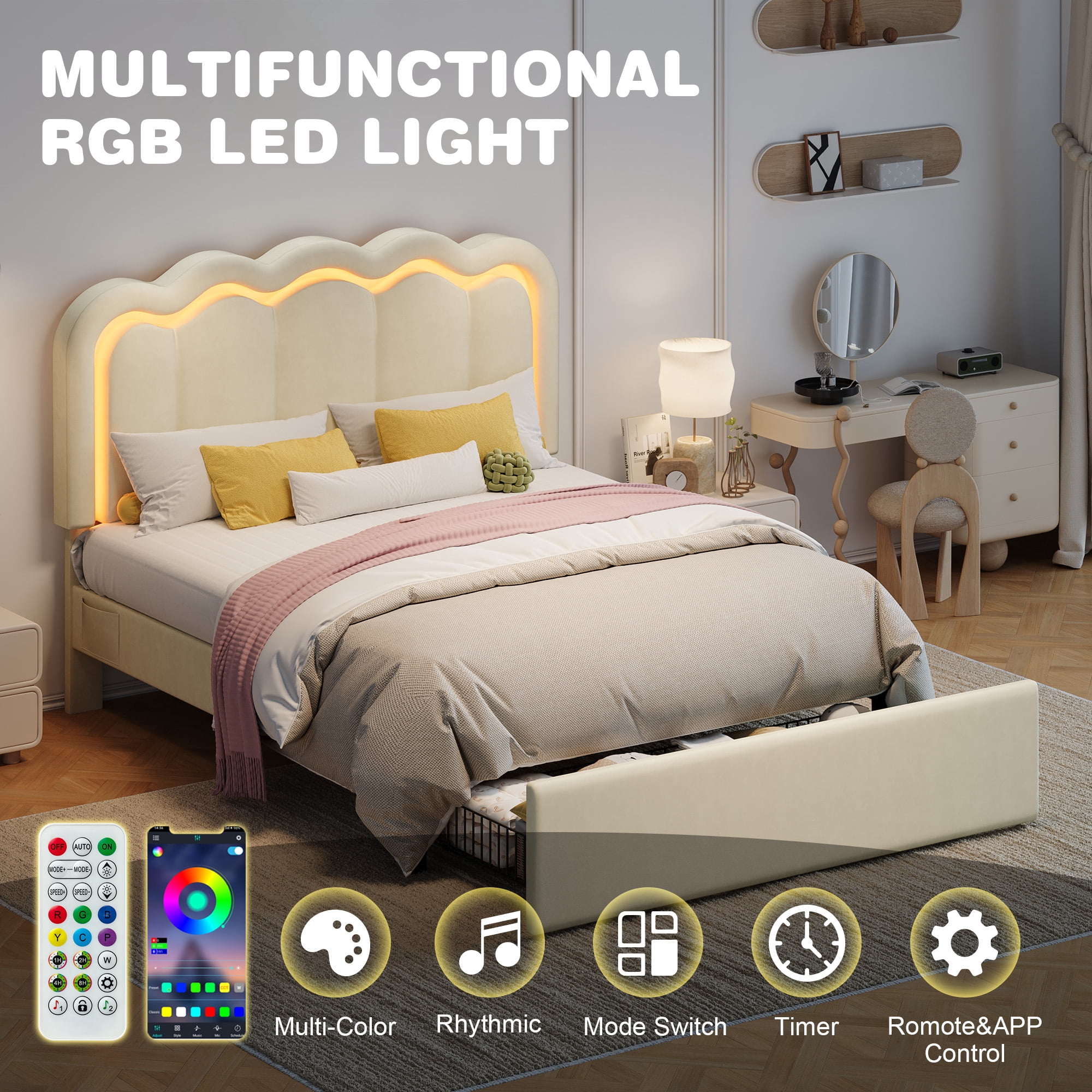 Amolife Queen Size LED Bed Frame with Drawer, Platform Bed with Velvet Upholstered Adjustable Wavy Headboard, Cream