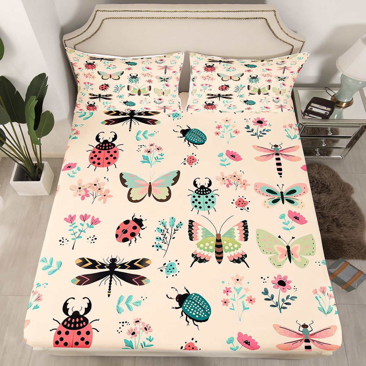 Homewish Cartoon Butterfly Ladybug Bed Sheets, Cute Animal Insect King Sheets, Princess Wheat Cartoon Sheet Set, Microfiber Bedroom Decor, 4 Pieces