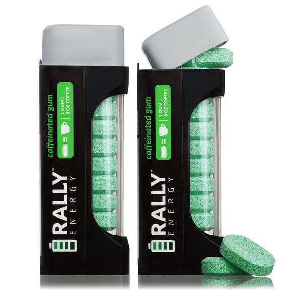 Rally Energy Caffeine Gum, Sugarless Gum with 60 mg of Caffeine for Fast-Acting Energy, Stay Alert, Long-Lasting, Natural Peppermint Flavor (2 Pack, 22 Pieces)