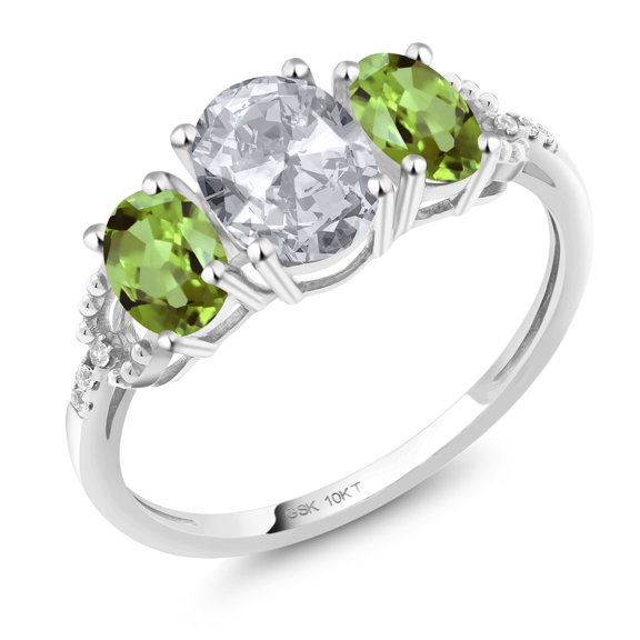 Gem Stone King 10K White Gold 3-Stone Diamond Engagement Ring 2.02 Ct Oval White Topaz Green Peridot (Size 7)