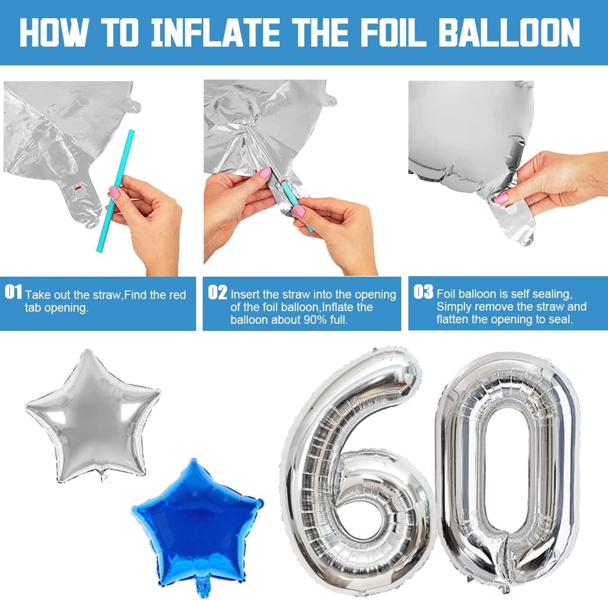 60th Birthday Decoration, Navy Blue Silver Balloons for Woman Man, Birthday Party Decor for Adult