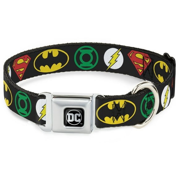 DC Comics Pet Collar, Dog Collar Metal Seatbelt Buckle, Justice League Superhero Logos, 9.5 to 13 Inches 1.0 Inch Wide