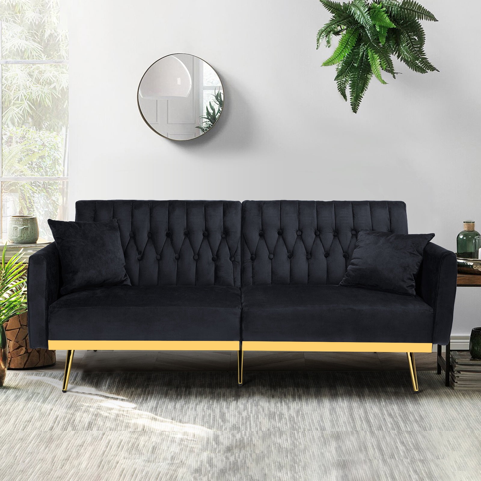 ACMEASE 70” Velvet Futon Sofa Bed with Adjustable Armrests and 2 Pillows, Convertible Futon Couch, Black