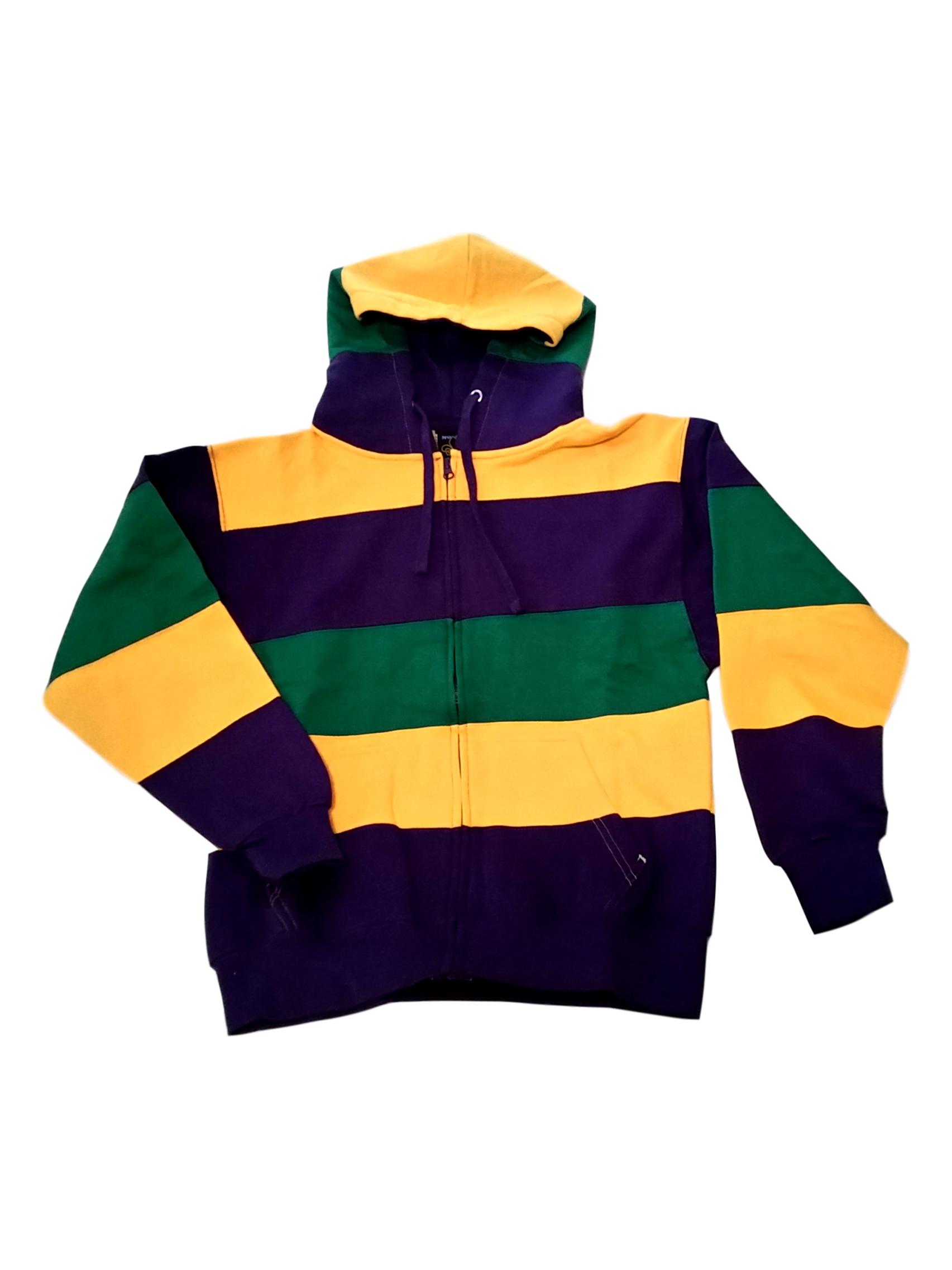 Mardi Gras Stripe Purple Green Yellow Knit Adult Small Hoodie Zip Up