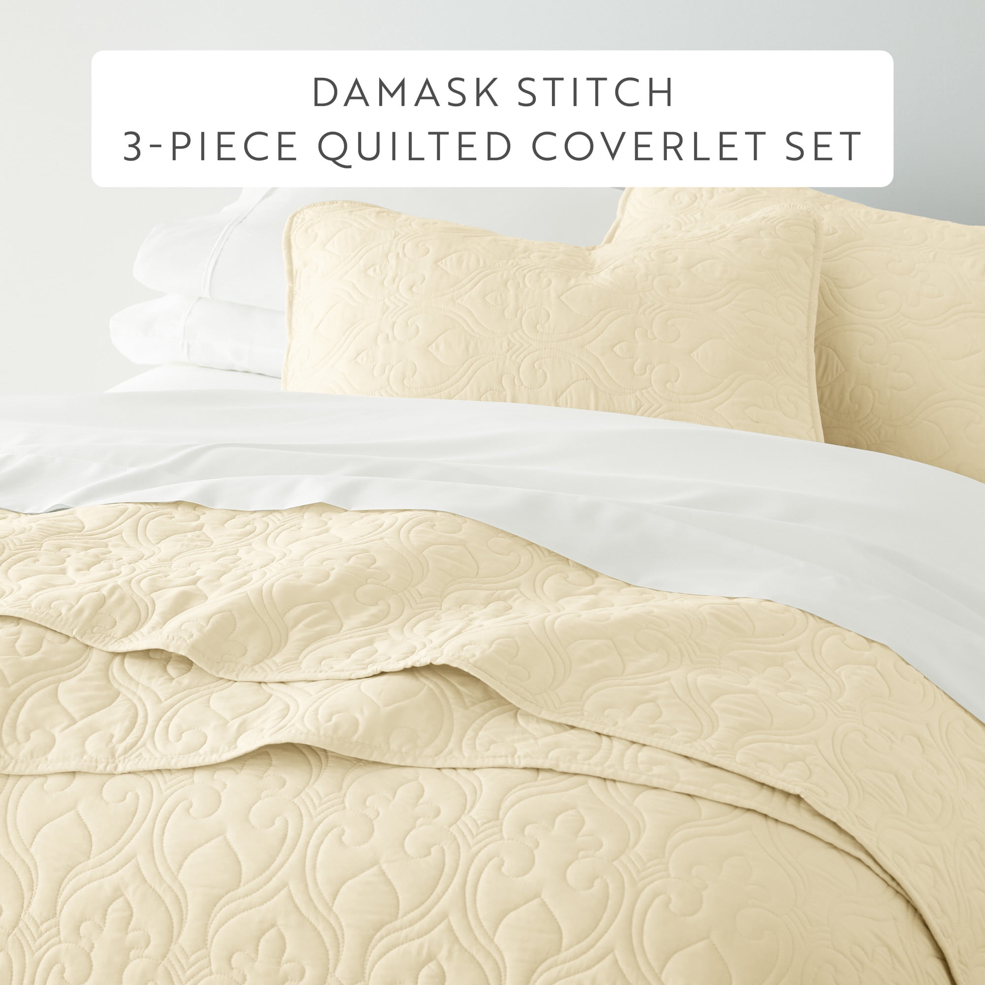 Noble Linens Yellow Damask Pattern Quilted Coverlet Set, King / CalKing