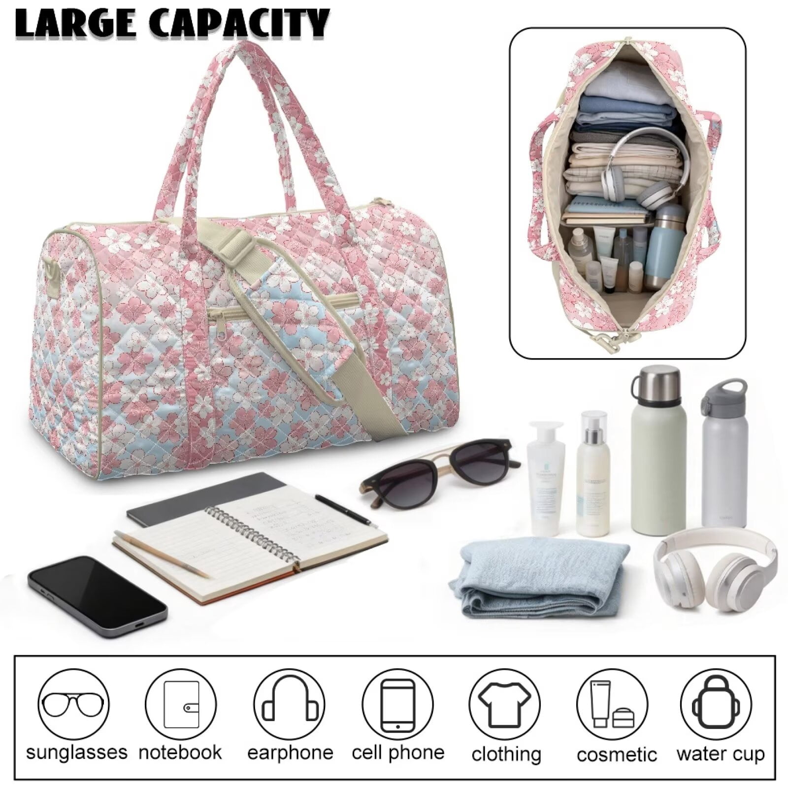 Pzuqiu Cherry Blossom Large Quilted Weekender Bag for Women, Lightweight Soft Puffy Duffle Carry On Tote, Travel Overnight Gym Luggage Bag with Adjustable Strap Portable