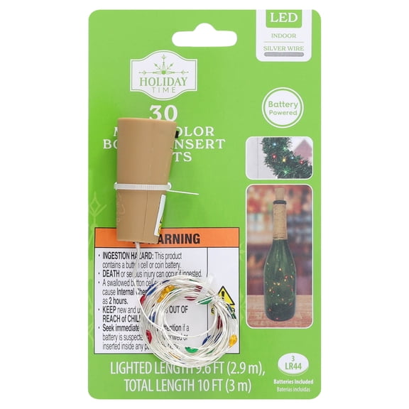Indoor 30-Count Battery-Operated LED Bottle Insert Christmas String Lights, Multicolor, Silver Wire, 9.6', by Holiday Time
