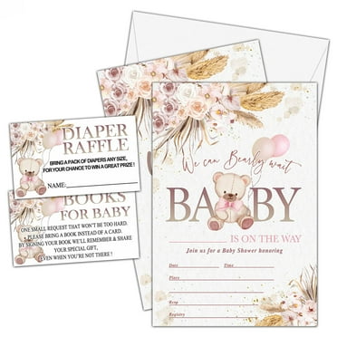 Balloon Bear Baby Shower Invitation Set - 25 Gender Reveal Invites with Envelopes, Book Request Cards, and Diaper Raffle Tickets for Memorable Celebrations