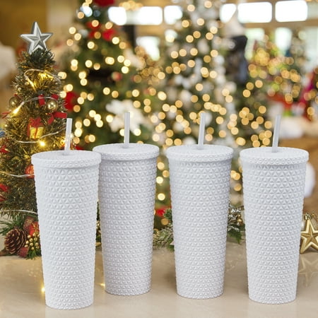 

Mainstays 4pk 26oz DW AS Plastic Soft Touch Textured Tumbler with Straw White