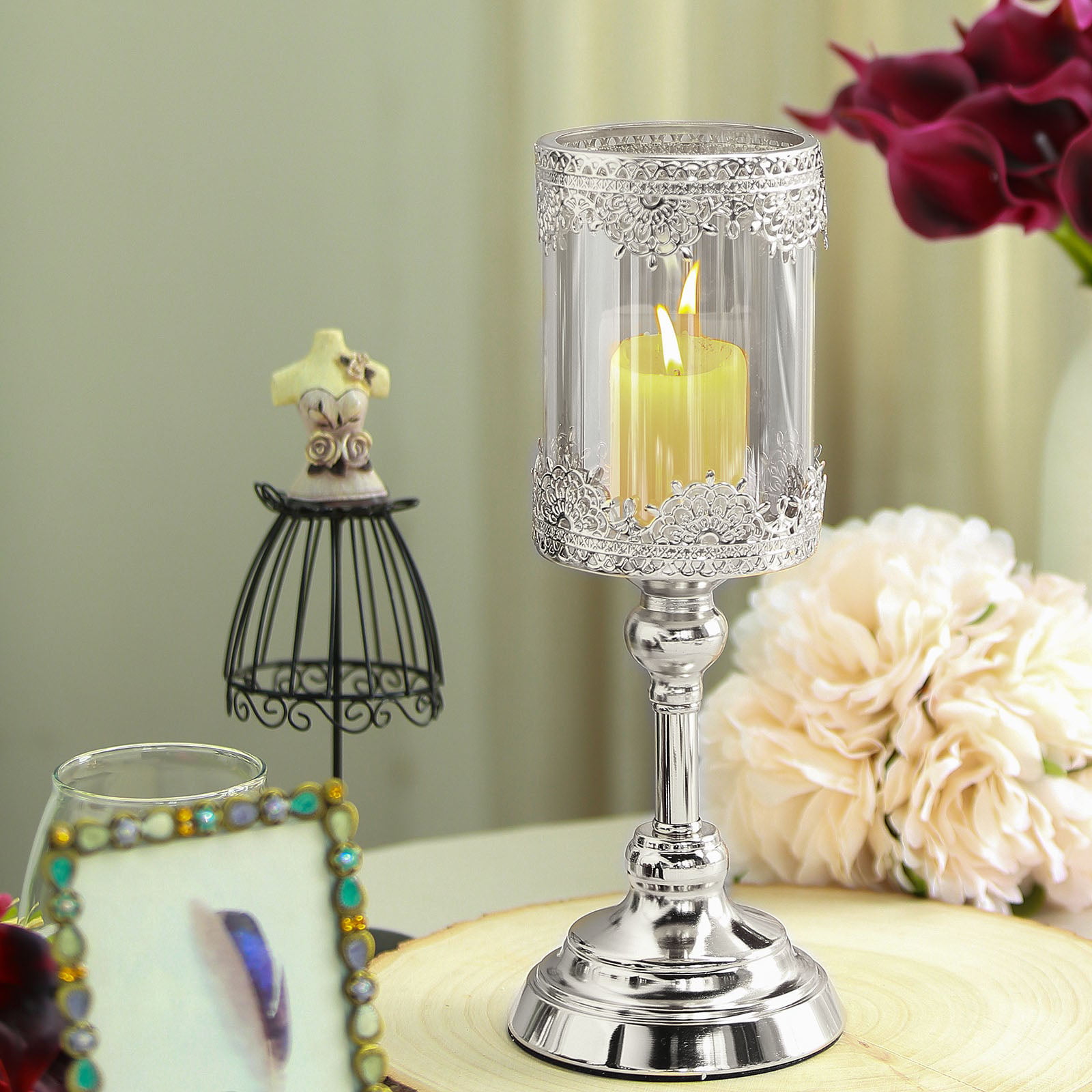 Silver 13" tall Lacy Metal Glass Candle Holder Light Gray Centerpieces Gift 