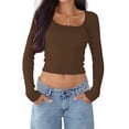 thumbnail image 3 of Female Long Sleeve Crop Top Square Neck Going Out Tops Cute Ribbed Knit Bow-Knot Lace Patchwork T Shirts Coffee L, 3 of 8