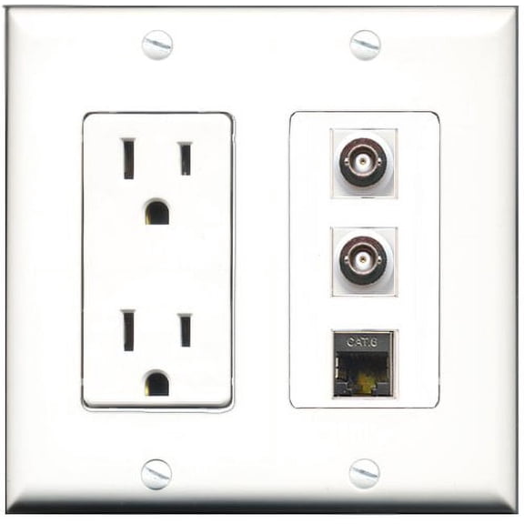 RiteAV - 15 Amp Power Outlet 1 Port Shielded Cat6 Ethernet Ethernet 2 Port BNC Decorative Wall Plate