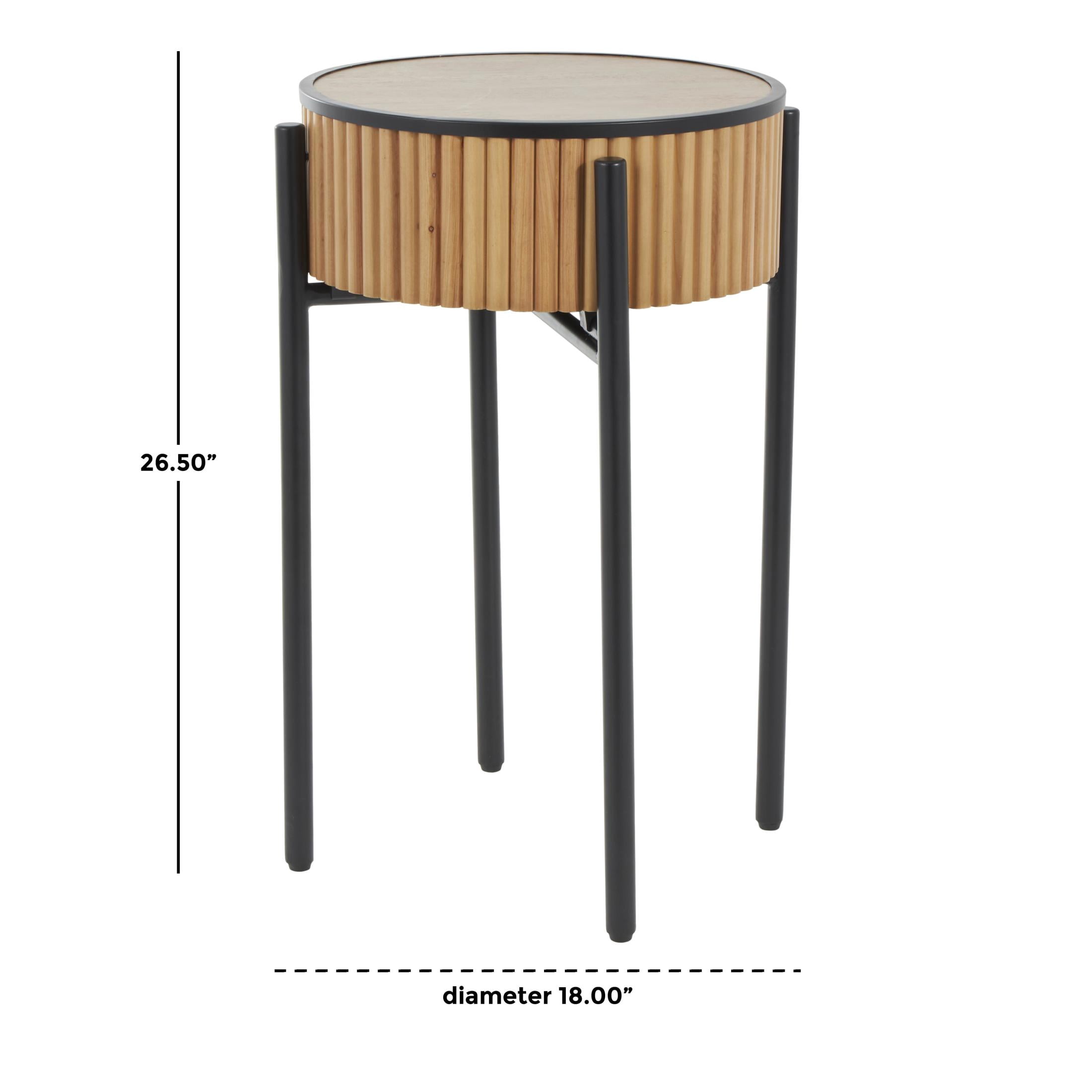 DecMode 18" x 27" Brown Wood Handmade Slatted Drum Accent Table with Black Metal Legs, 1-Piece