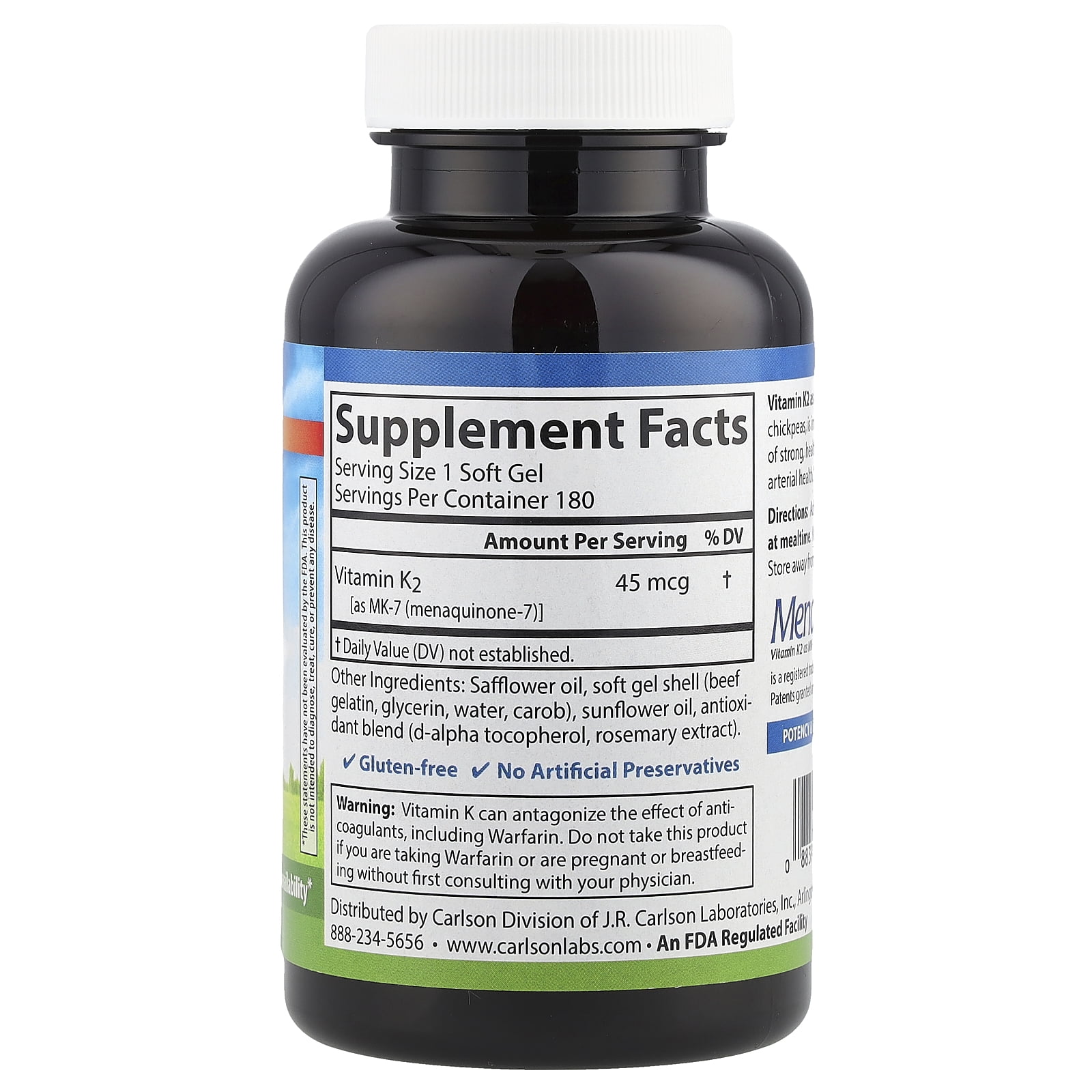 Carlson Laboratories Vitamin K2: MK7 (Menaquinone) 45mcg 180 Softgel