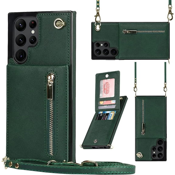 Samsung Galaxy S22 Ultra 5G Cases with Card Holder for Women,Crossbody Phone Case for Samsung S22 Ultra with Strap,Leather PU Lanyard Magnetic Clasp Zipper Wallet Case with Kickstand,6.8" Green
