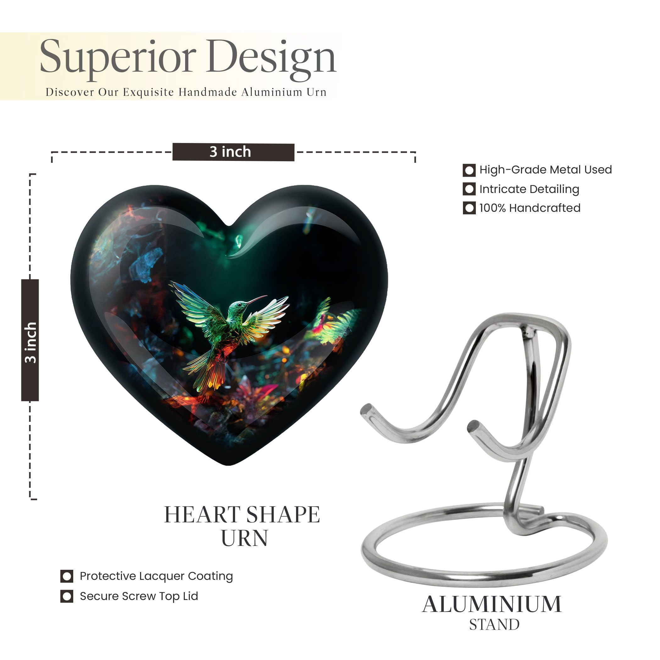 Hummingbird Heart Unique Keepsake, Small Urns for Human Ashes, Cremation Urns for Men, Memorial Burial Urns 3 Inch, Set Of 2