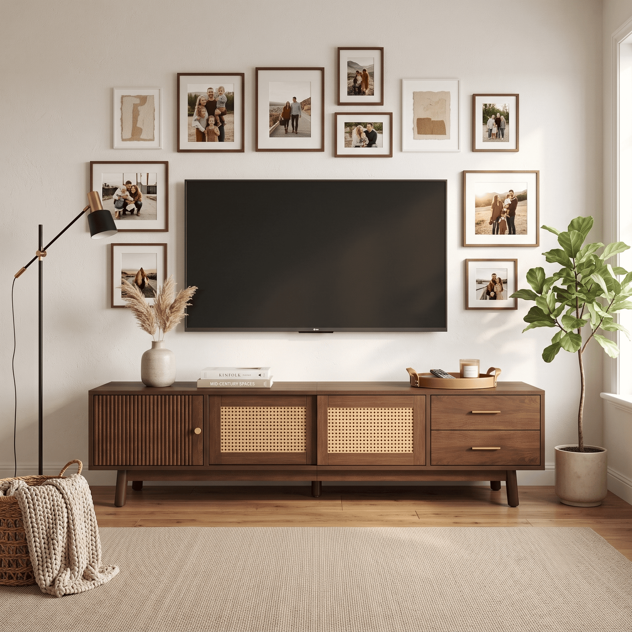 Homy Casa 70.9" Walnut TV Stand for 75" TVs with Rattan Doors, 2 Drawers and Cable Management