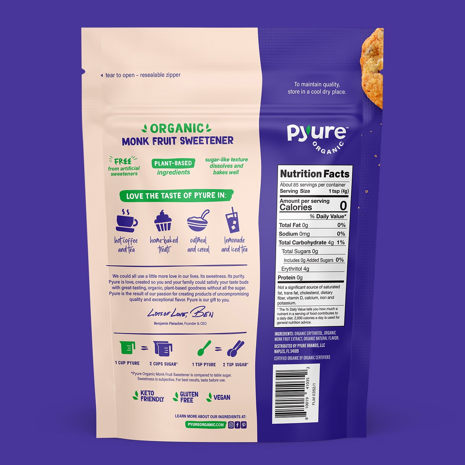 Pyure Organic Monk Fruit Sweetener | White Sugar Substitute for Baking, Coffee & Tea | Zero Carb, Zero Calorie, Keto, Plant-Based, Non-GMO, Gluten-Free, USDA Organic | 12 oz Granulated Blend