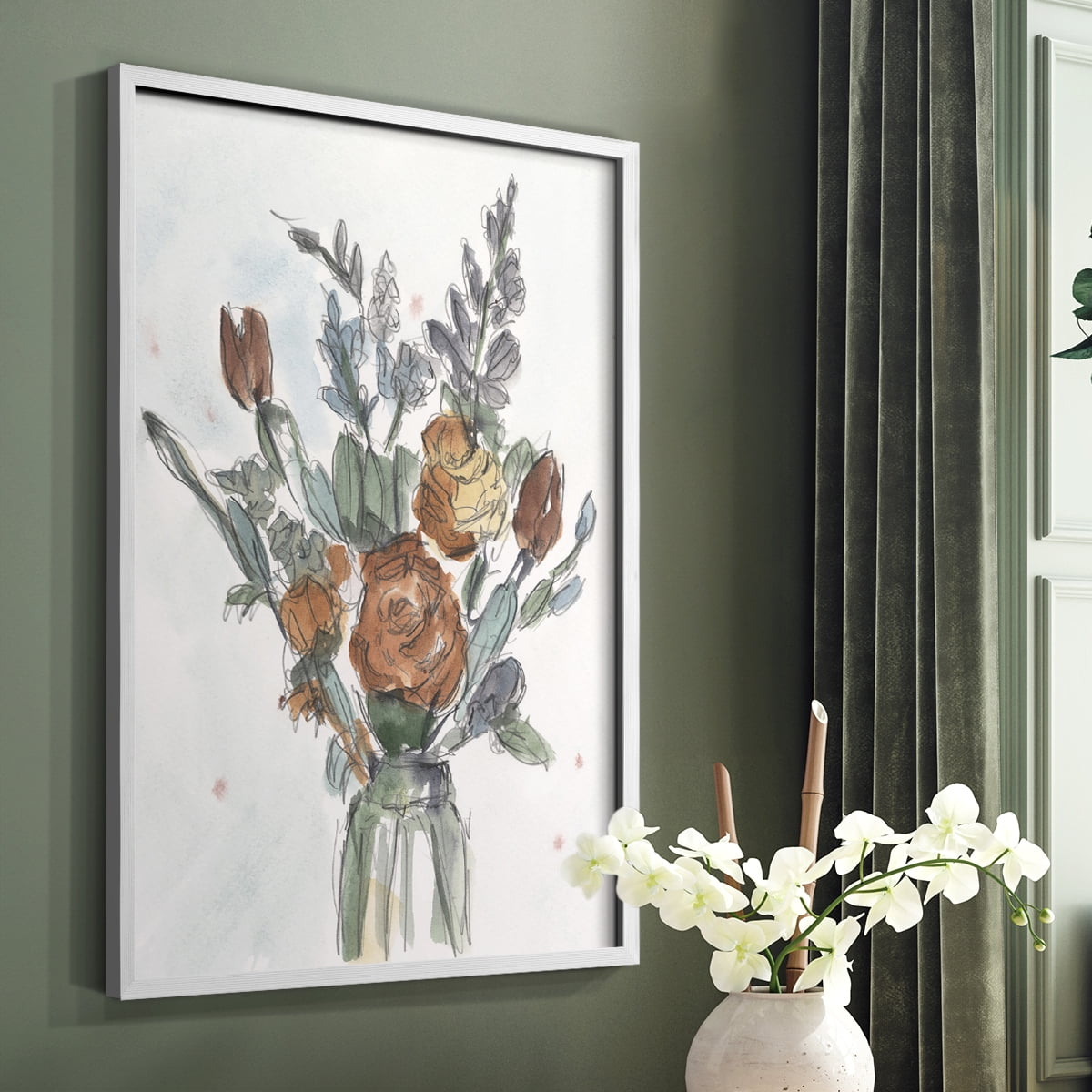 Watercolor Floral Arrangement II Framed Print in White Solid Wood 8 x 10 Framed Print