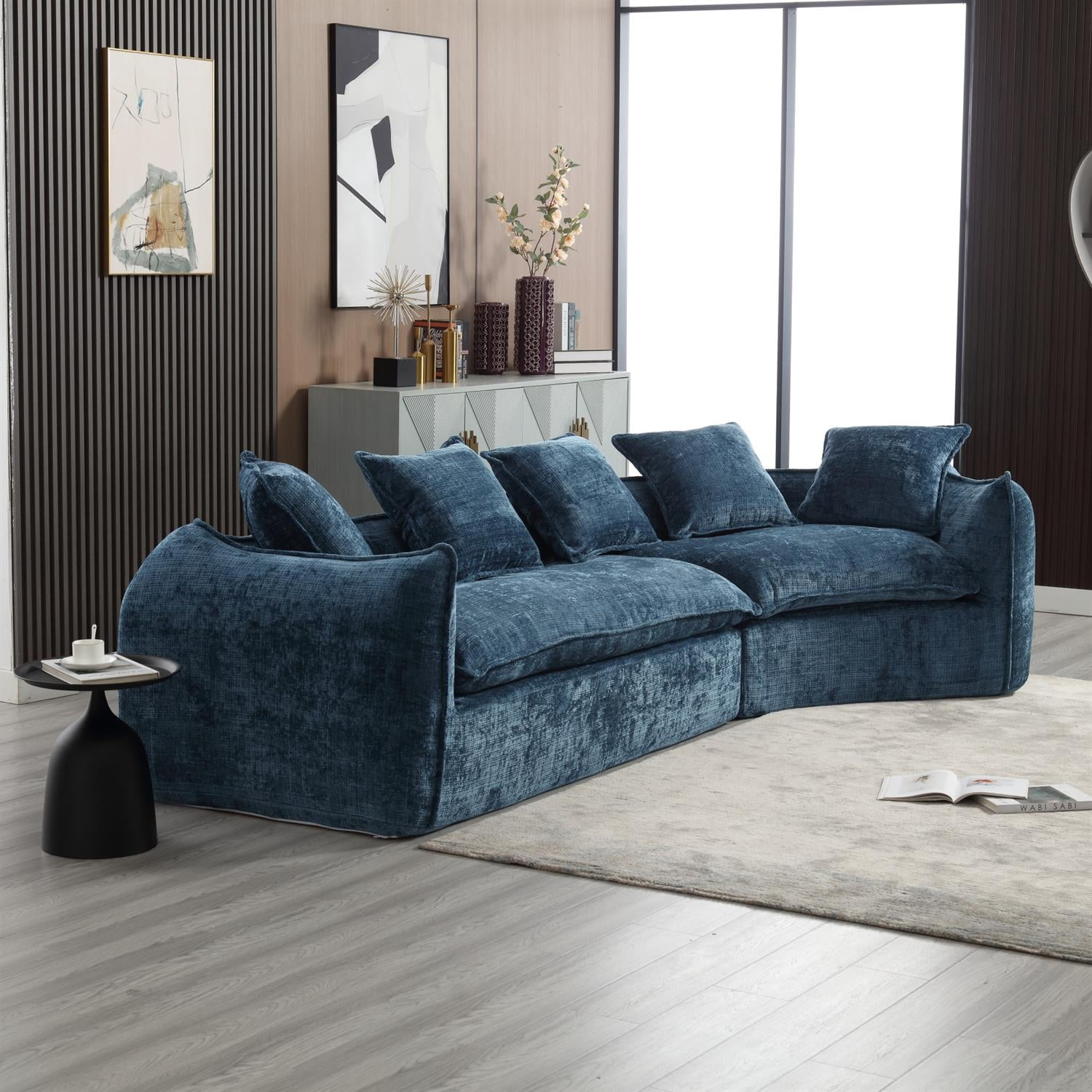 Demi Bonn 125" Modern Modular U-Shaped Sectional Sofa, Spacious 5-Seat Chenille Fabric Couch with Plush Pillows for Living Room, Minimalist Cloud-Style, Blue