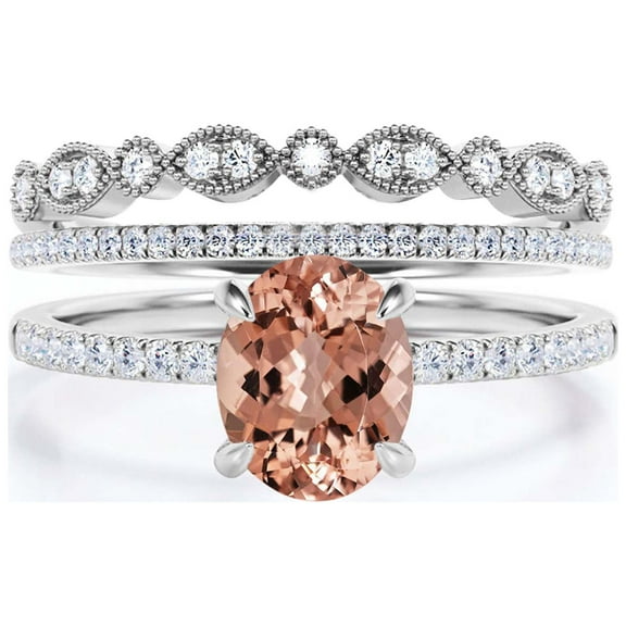 Sirprisingly Gift Minimalist 2.50 Carat Oval Morganite And Diamond Moissanite Engagement Ring, Wedding Ring, Two Matching Band in 925 Sterling Silver With 18k White Gold Plating, Gift For Her