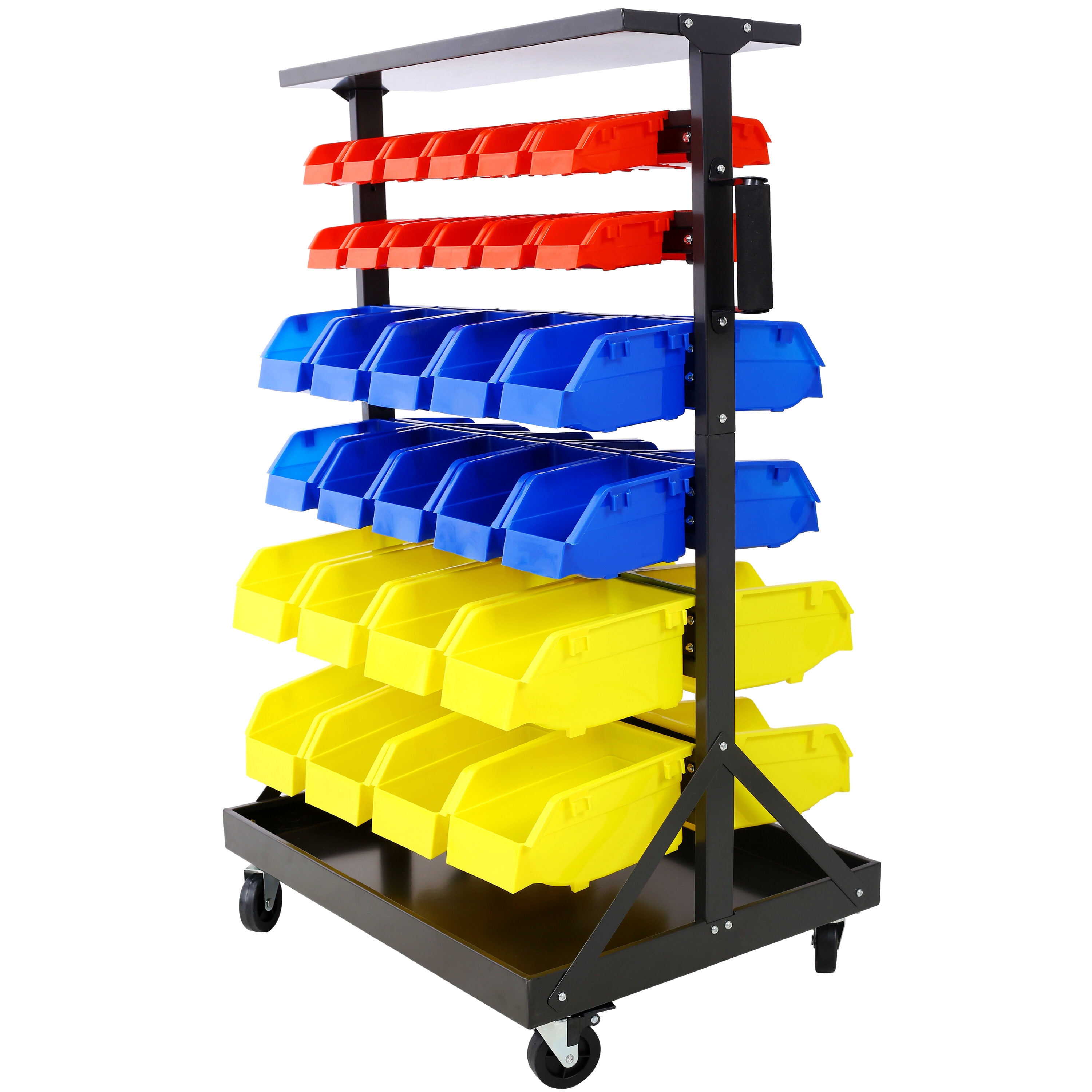 , 6-Tier Dual-Sided Rolling Bin Rack , 350 Pound Capacity, Includes 60 Organizer Bins, with Tray and Casters, Black ,Steel ,