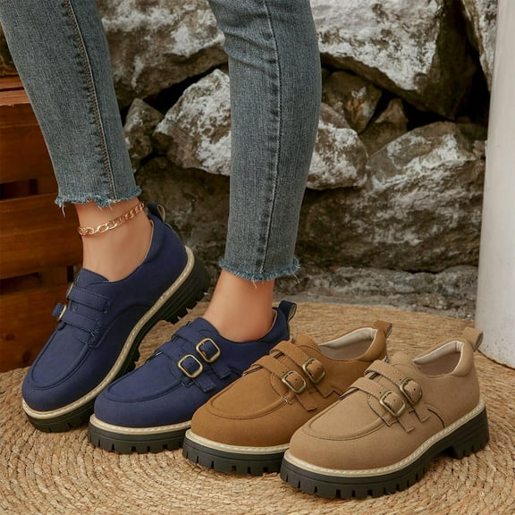 Women's Retro Faux Suede Chunky Heel Loafers, Round Toe Platform Casual Shoes, Adjustable Buckle Comfortable Mid Heel Walking Shoes for Daily Wear