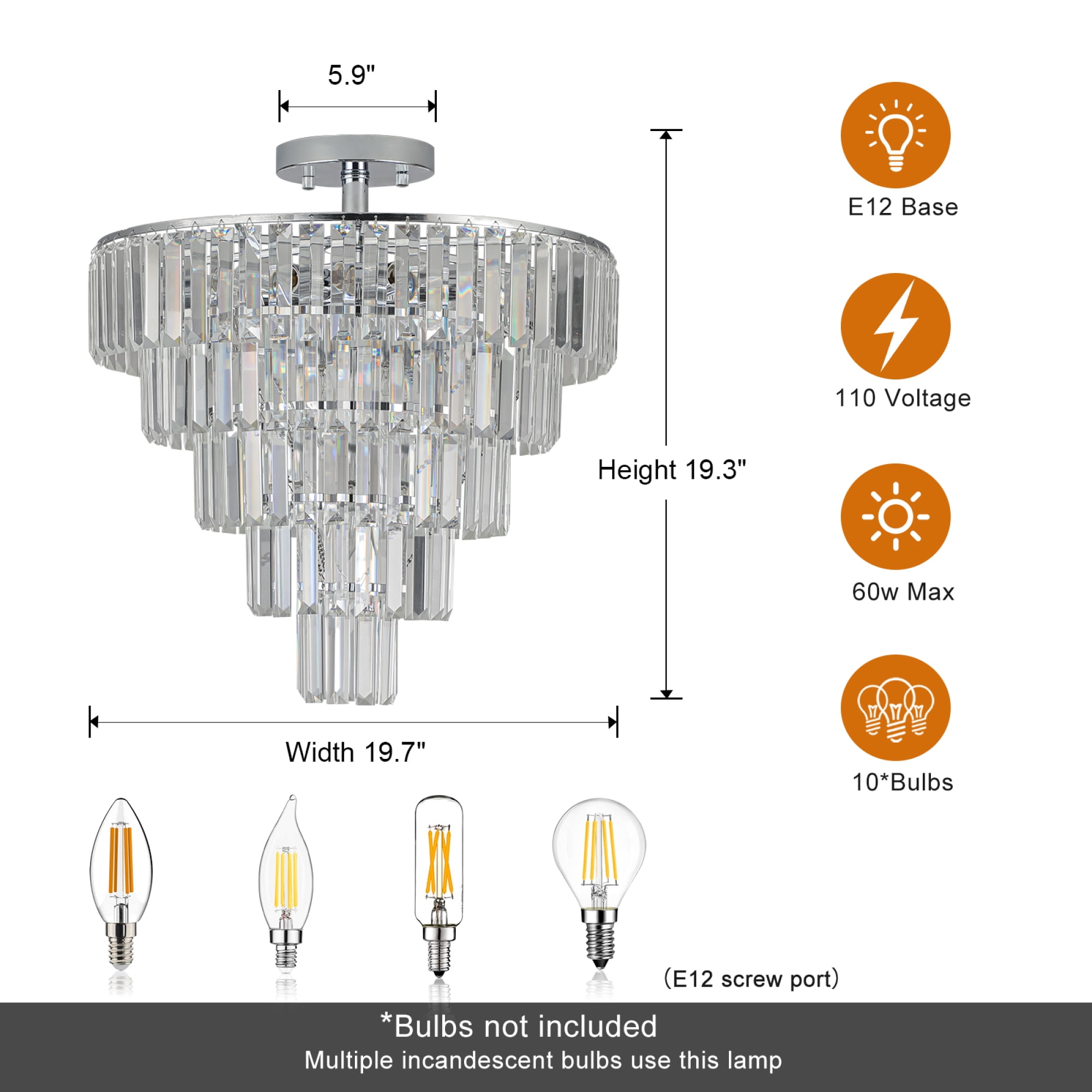 Jopath 20" 5-Tier Round Crystal Chandelier Ceiling Light, Modern Luxury 10-Light Flush Mount Light Fixture, Elegant Home Lighting for Living Room, Dining Room, Bedroom Silver (No Bulbs)