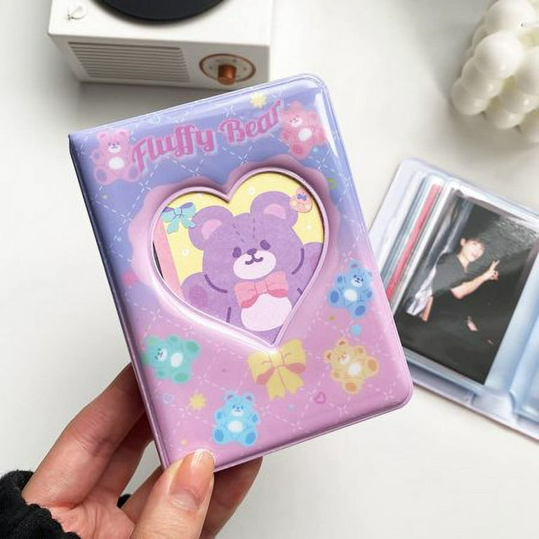 3 inch Mini Photo Album, Heart Hollow Card Binder Photo Album Kpop Photo Card Holder with Pendant 40 Pockets (Blue Strawberry)