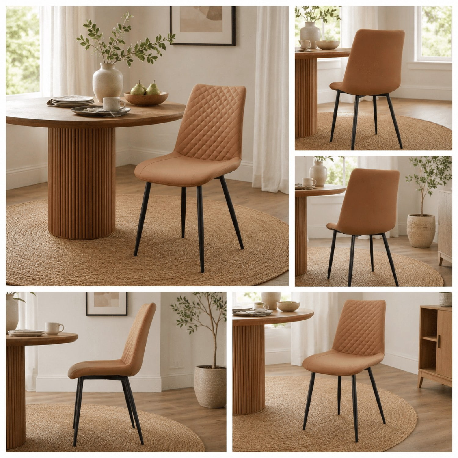 Modern PU Leather Dining Chairs, Set of 2, Foam-Padded Faux Leather Seat with Metal Frame, Diamond-Quilted Upholstery for Dining Room, Kitchen, Living Room