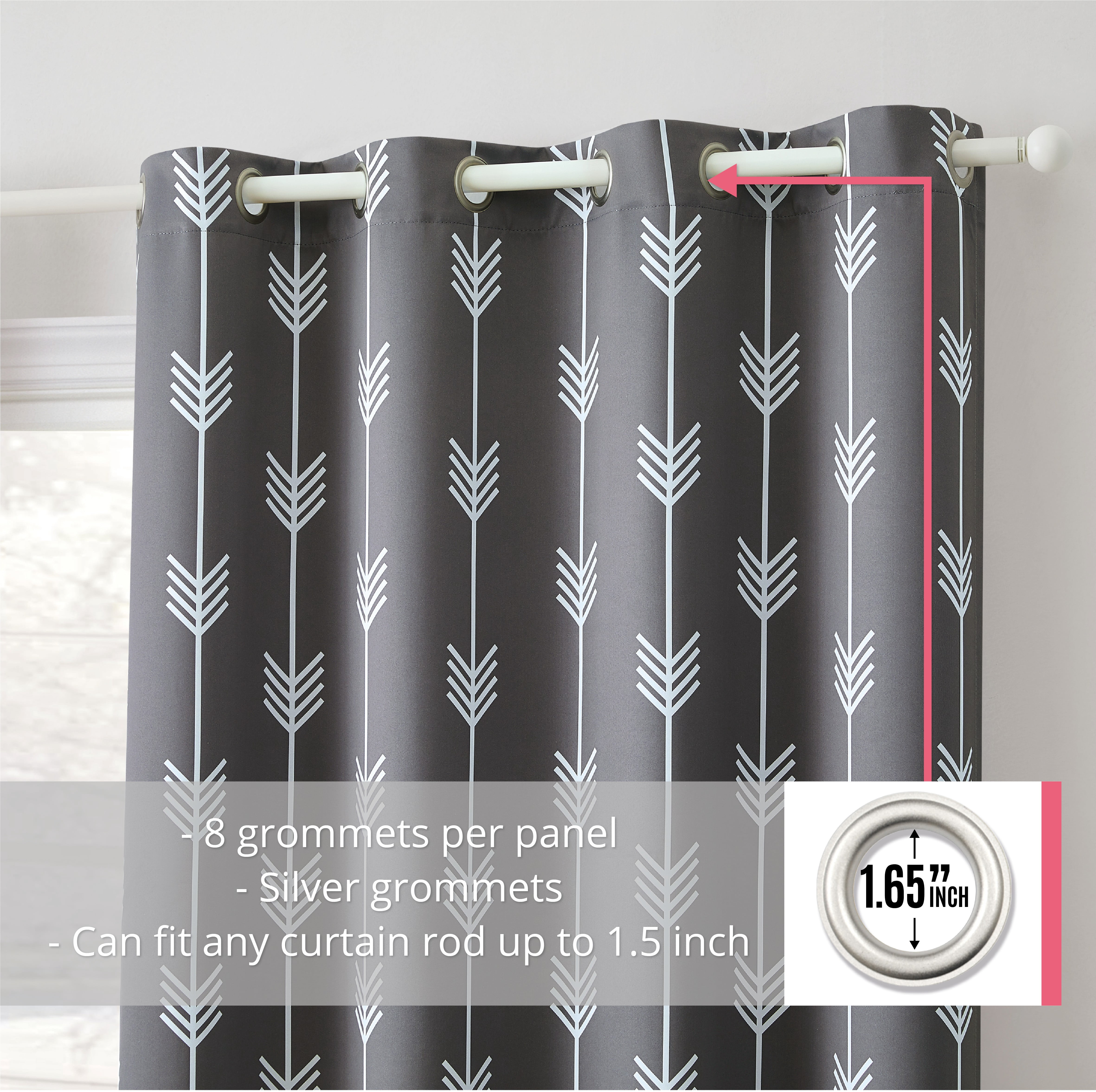 THD Arrow Printed Blackout Room Darkening Thermal Grommet Window Curtain Drape Panels for Kids Room - Set of 2 - Grey - 72 inch Long