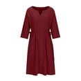 thumbnail image 4 of VSSSJ Women's Summer Loose Dresses Cotton Linen V-Neck 3/4 Sleeve Drawstring Dress Plus Size Solid Color Casual Lace-Up Midi Dress, 4 of 6