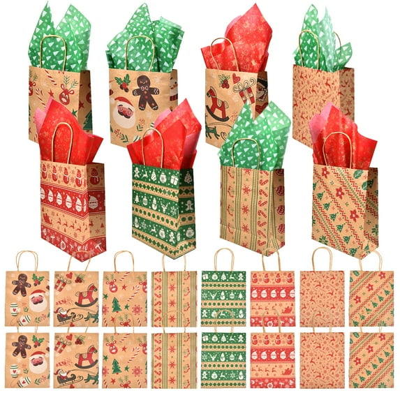 Goodwill 24 Pack Christmas Gift Bags- Classic Variety Kraft Gift Bags Bulk Christmas Bags with Tissue Papers for Xmas Party Favors, Goody Gift Bags, Holiday Treat Box and Presents