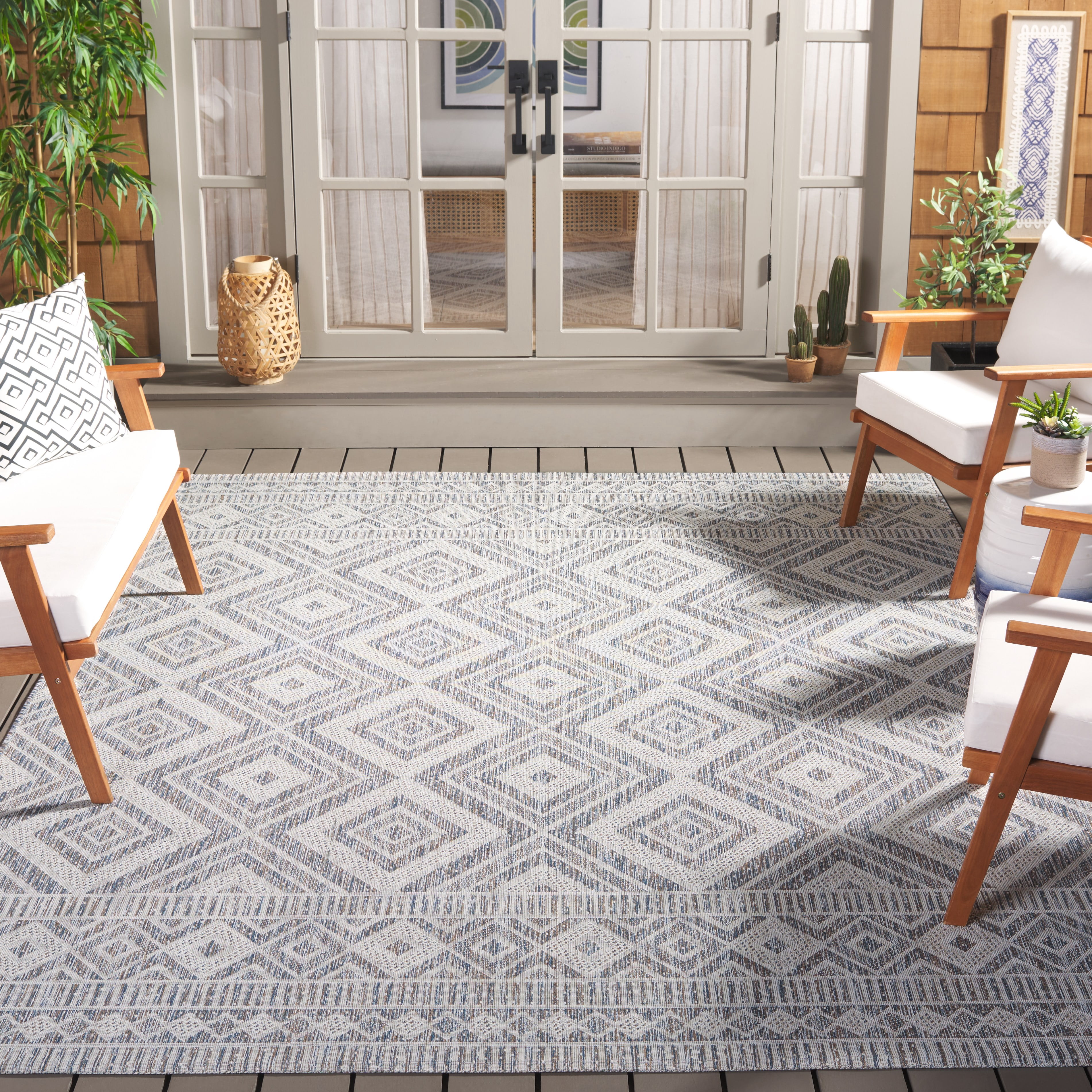 Safavieh Courtyard Wyatt Geometric Indoor/Outdoor Area Rug, Ivory Blue/Beige, 6'7" x 6'7" Square