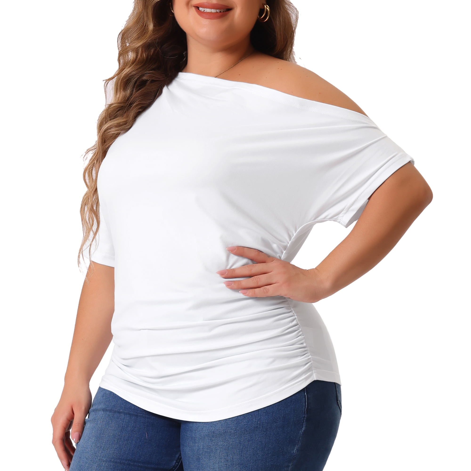 DARING DIVA Women's Plus Tops One Shoulder  Ruched Basic Blouses Summer Tee Tops 5X White