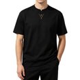 thumbnail image 4 of Fwqbns Men's Notch Neck T-Shirt Short Sleeve Split Crew Neck Tee Minimalist Solid Color Casual Summer Top Black, 4 of 5