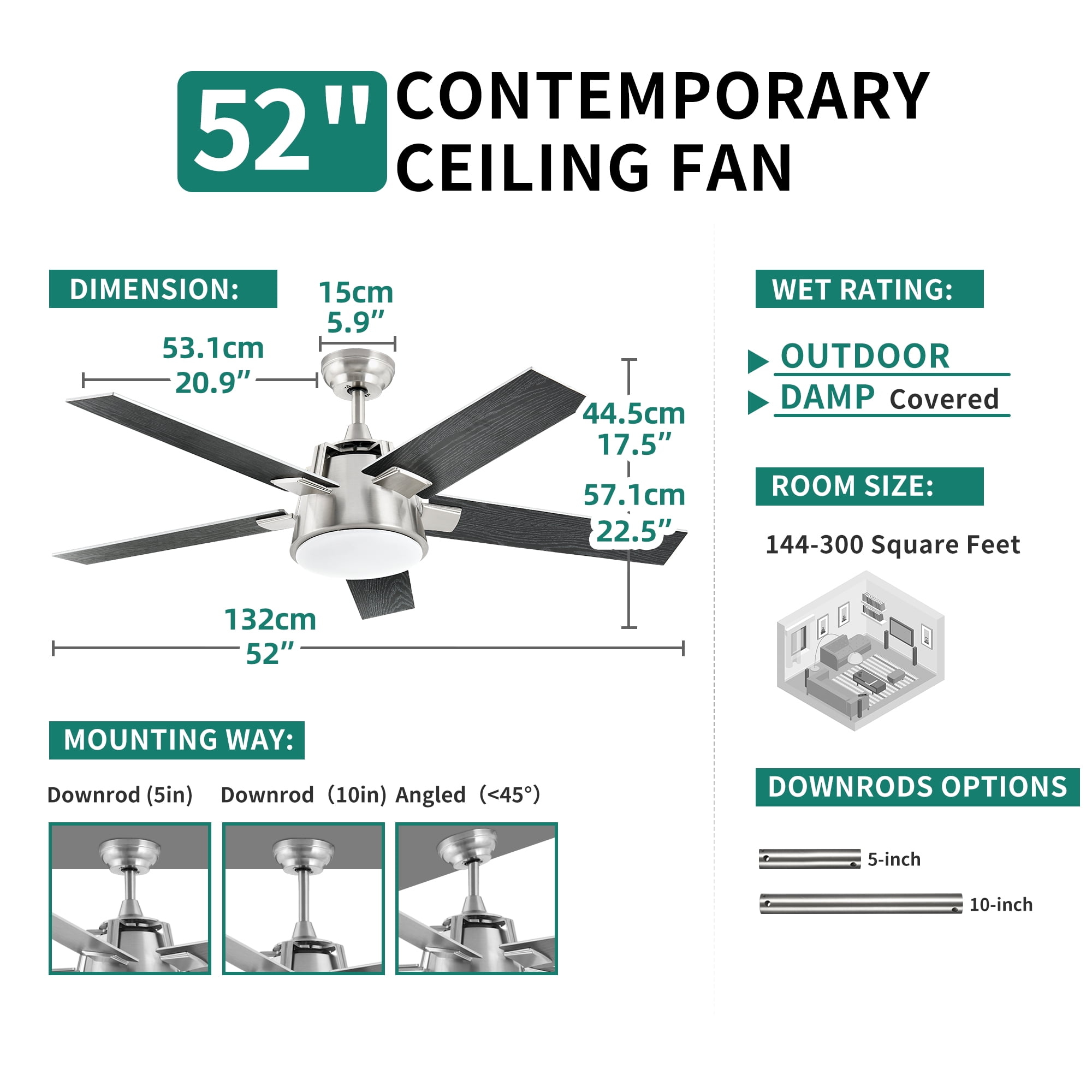 DEXTRUS 52in Modern Ceiling Fan with Light, Quiet Reversible Motor, Dimmable LED 3-Color, 6-Speed 5 Blades Memory Function for Bedroom Living Room Patio, Black