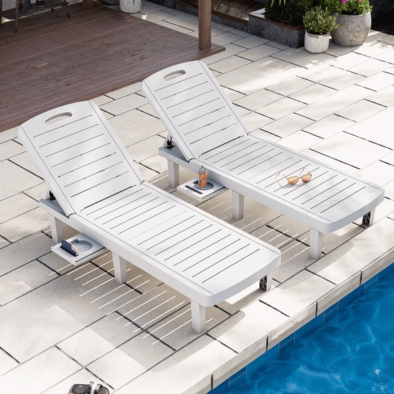 CDCASA Oversized Outdoor Chaise Lounge Chair with 5-Level Adjustable Backrest & Hidden Cup Holder, PP Resin Waterproof Patio Lounge Chairs for Outside(White, Set of 2)
