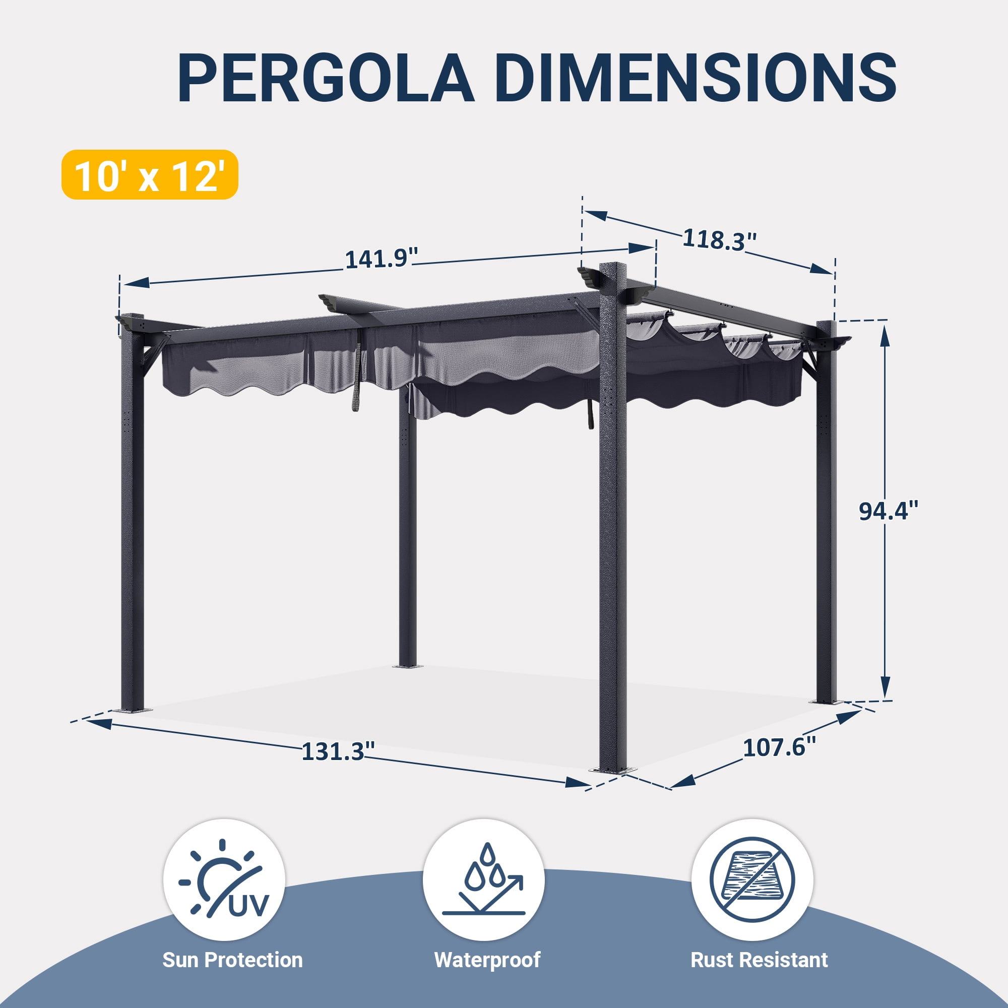 NETAJE 10'x12' Retractable Canopy Pergola, Heavy-Duty Outdoor Metal Gazebo Shelter with Adjustable Sun Shade, Patio Grape Trellis for Backyard, Deck, Garden